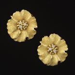 A Pair of Gold and Diamond Flower Earrings