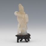 Chinese Carved Agate Goddess Guanyin Ornament on Carved Wood Stand