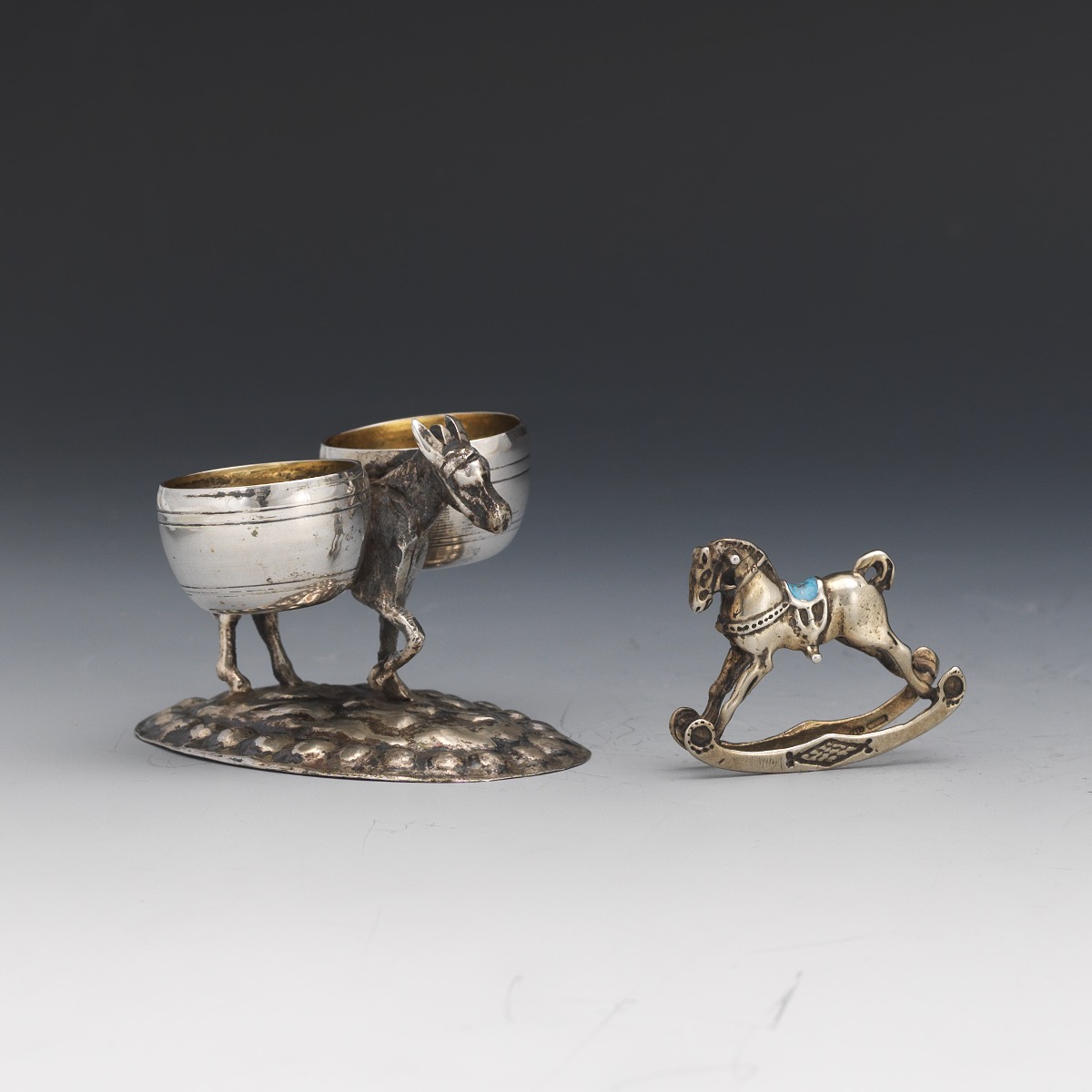 Italian Silver, Gold Wash and Enamel Donkey Salt/Pepper Cellar and Baby Rocking Horse