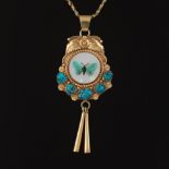 Navajo Tim Bedah and B.K. Manning Gold, Turquoise, Black Onyx and Mother of Pearl Pendant on Beverl