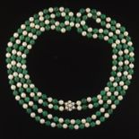 Ladies' Gold, Pearl, Aventurine and Diamond Two-Strand Long Necklace