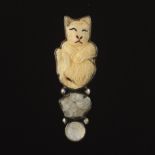 Ladies' Sterling Silver, Carved Bone Kitty, Quartz and Moonstone Pin/Brooch/Pendant