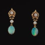 Ladies' Vintage Gold, Opal and Diamond Pair of Dangle Earrings