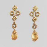 Ladies' Retro Gold, Amber Citrine and Diamond Pair of Earrings