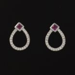 Ladies' Pair of Gold, Ruby and Diamond Pear Shape Earrings