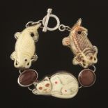Artisan Sterling Silver, Carnelian and Carved Bone Fish and Cat Bracelet
