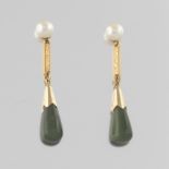 Ladies' Vintage Gold, Spinach Green Jade and Pearl Pair of Dangle Earrings
