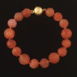 Gold Plated Sterling Silver and Carved Carnelian "Longevity and Prosperity" Beaded Bracelet