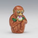 Rare Chinese Brass and Enamelled Monkey Eating Peach Figurine, ca. Qing Dynasty