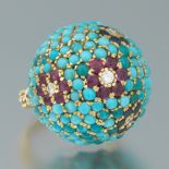 Ladies' VCA Style Gold, Persian Turquoise, Ruby, Blue Sapphire and Diamond Domed Floral Ring