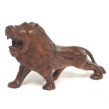 Carved Retro Mahogany Wooden Sculpture of Roaring African Lion