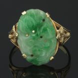 Ladies' Arts & Crafts Gold and Carved Green Jadeite Ring