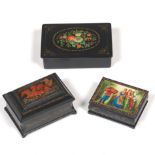 Three Russian Lacquer Wood Folk Art Vanity Boxes, Soviet Era