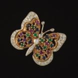 Ladies' Gold, Diamond, Emeralds Ruby and Blue Sapphire Butterfly Pin/Brooch