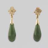 Ladies' Gold and Carved Spinach Green Jade Pair of "Prosperity" Ear Drops