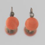 Ladies' Victorian Gold Silver Topped, Coral and Rose Cut Diamond Pair of Earrings