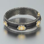 Ladies' United GemCo. Gold, Blackened Sterling Silver, Diamond and Black Enamel Bangle