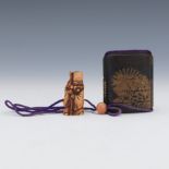 Japanese Takamakie Gold on Black Lacquer Inro, Carved Bone Netsuke and Ojimi Bead, ca. Late Edo/Mei