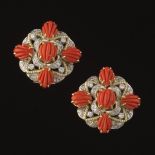 Pair of Carved Coral and Diamond Earrings