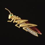 English Vintage Elegant Gold, Diamond, Emerald and Guilloche Enamel Grasshopper Pin/Brooch