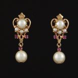 Ladies' Vintage Gold, Pearl, Ruby and Seed Pearl Pair of Earrings