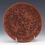 Chinese Cinnabar Imperial Dragon and Phoenix Dish, Xuande Apocryphal Marks, Taiwan National Palace