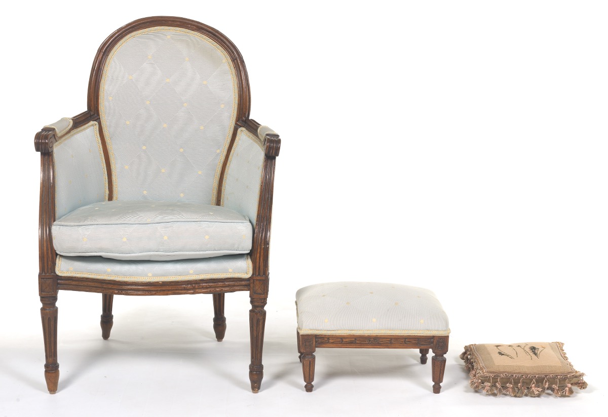 Child's Bergere Chair with Footstool and Embroidered Pillow, ca. Late 19th/Early 20th Century - Image 2 of 9