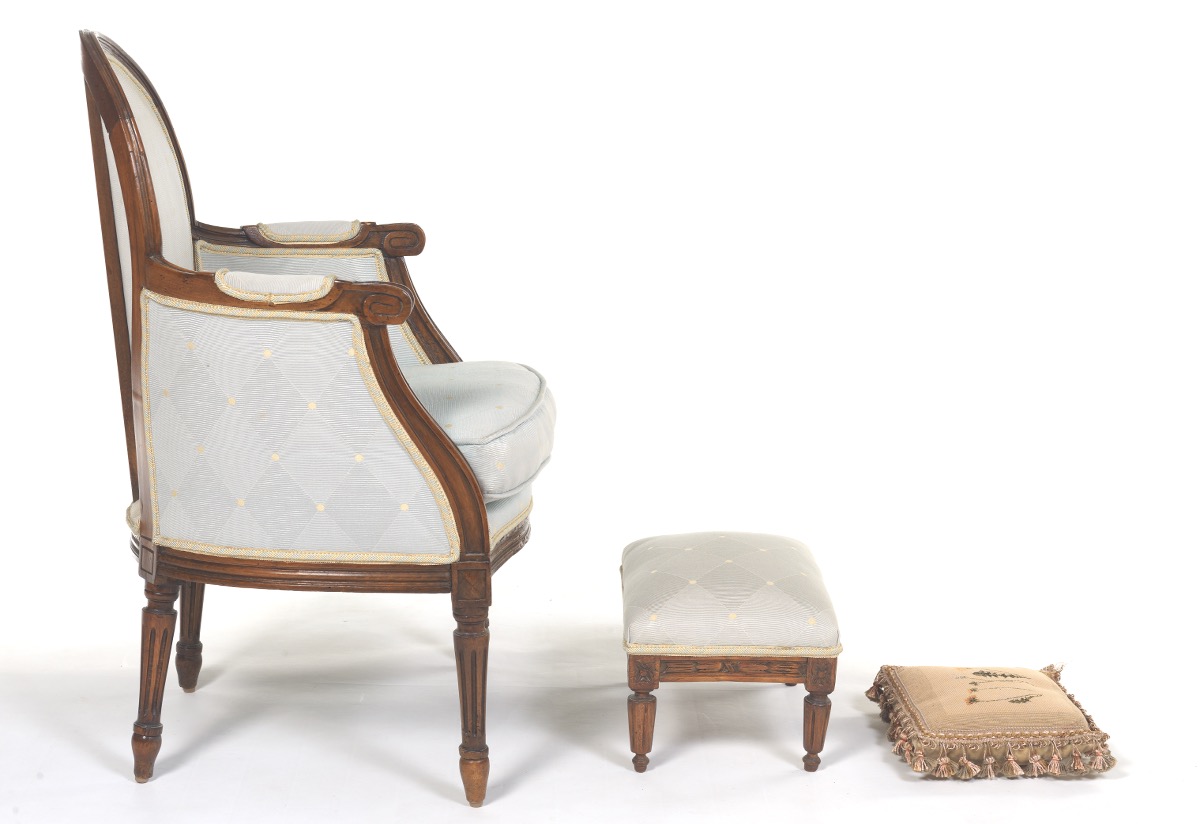 Child's Bergere Chair with Footstool and Embroidered Pillow, ca. Late 19th/Early 20th Century - Image 4 of 9