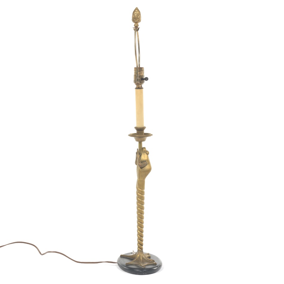 Chapman Brass Frog Lamp with Silk Shade - Image 4 of 8