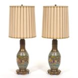 Pair of Marbro Chinoiserie Style Semi-Antique Champleve Enamelled Lamps with Custom Made Original S