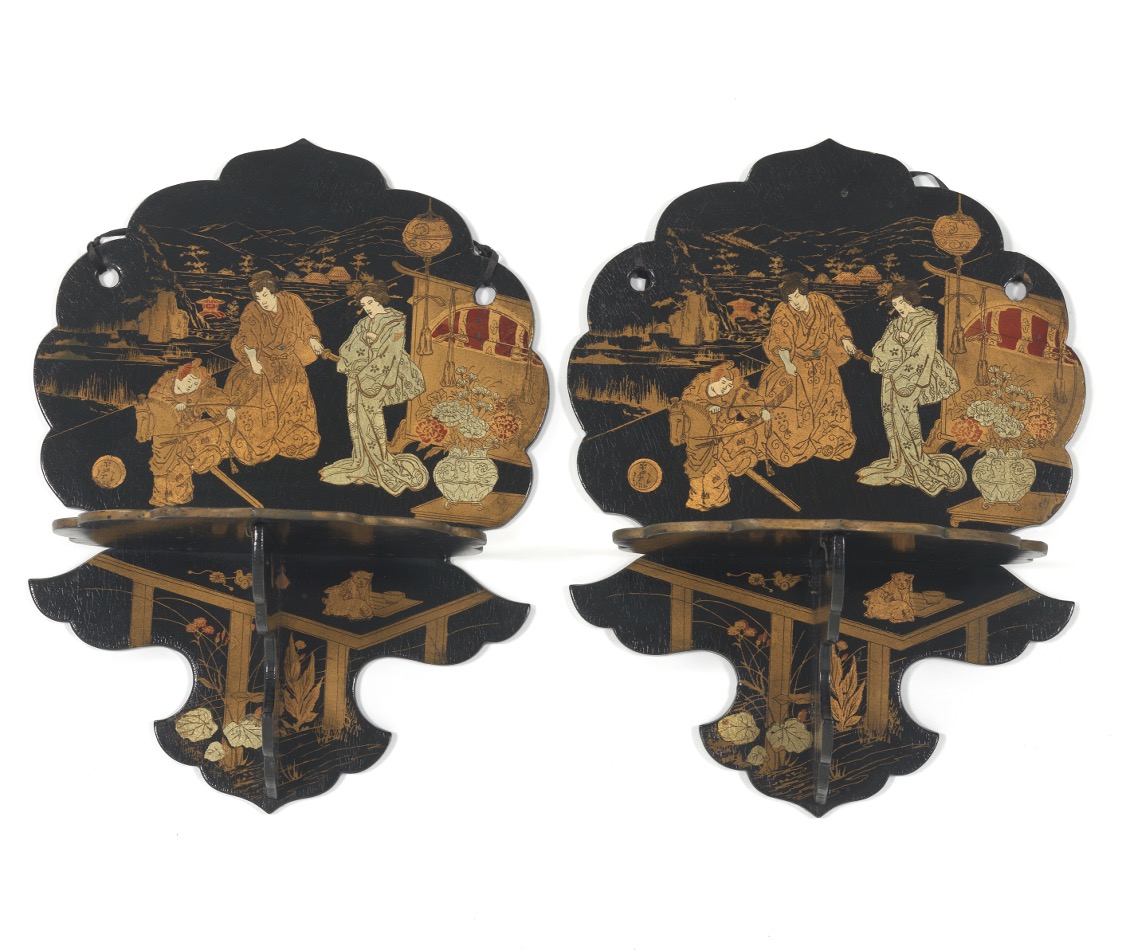 Pair of Japanese Black Lacquer and Hand Painted Signed Wall Foldable Sconces, Meiji Period - Image 2 of 9