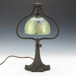 Tiffany Studios New York Patinated Bronze Table Lamp Base, with Lundberg Studios Green Swirl Glass