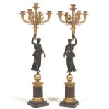 Pair of French Empire Figural Gilt and Patinated Bronze Mirror Image Five-Light Candelabra, Claude-