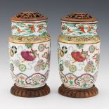 Pair of Chinese Porcelain Vases and Wood Incense Burners on Stands, for Colonial Art Furniture, ca.