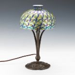 Tiffany Studios New York Patinated Bronze Table Lamp Base, with Lundberg Studios Pulled Feather Gla