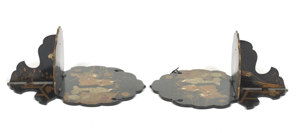 Pair of Japanese Black Lacquer and Hand Painted Signed Wall Foldable Sconces, Meiji Period - Image 7 of 9