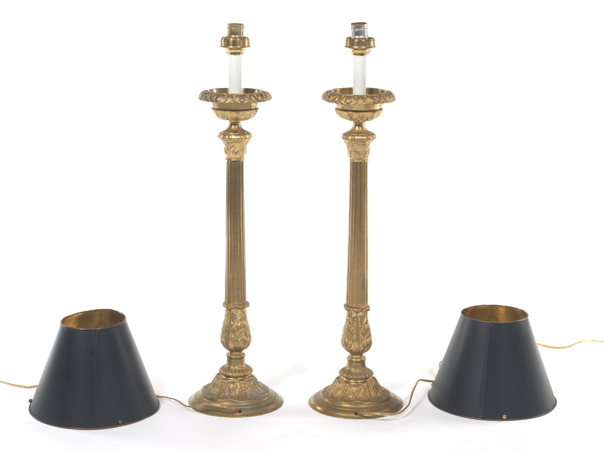 Pair of Tall Brass Lamps with Tole Shades - Image 4 of 7