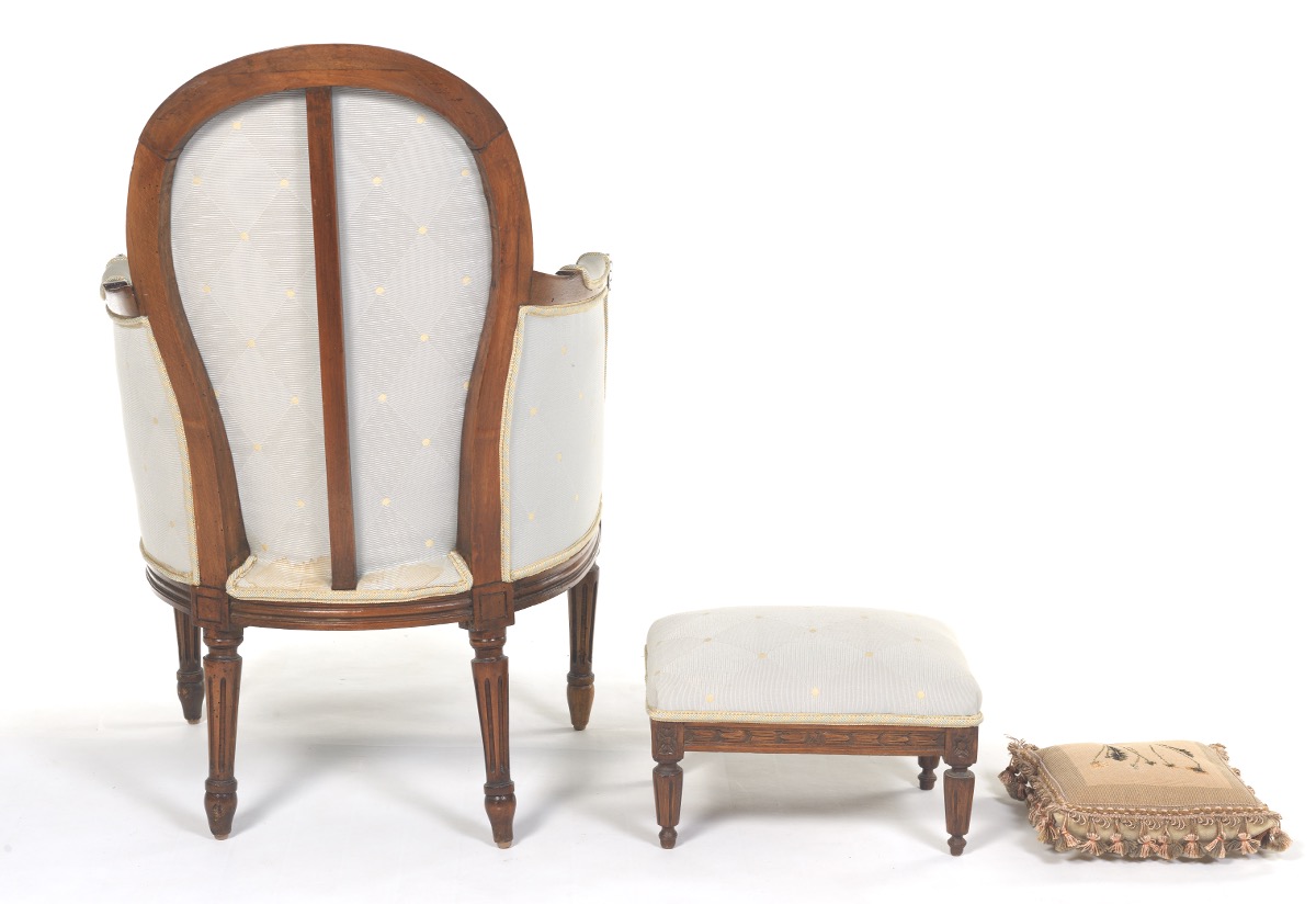 Child's Bergere Chair with Footstool and Embroidered Pillow, ca. Late 19th/Early 20th Century - Image 5 of 9