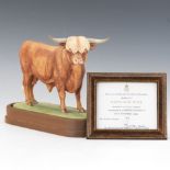 Royal Worcester Vintage Doris Linder Porcelain Highland Bull, on Wooden Stand, Original Certificate