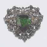 Victorian Silver Topped Gold, Green Tourmaline and Diamond Brooch