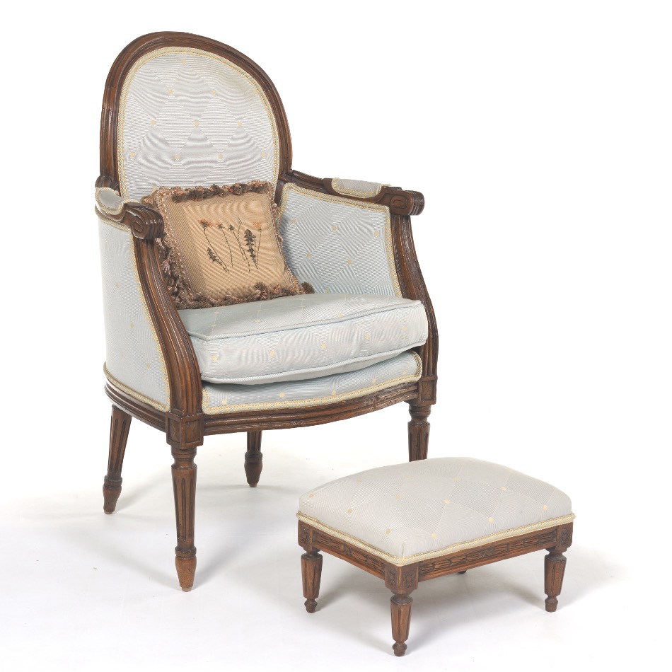 Child's Bergere Chair with Footstool and Embroidered Pillow, ca. Late 19th/Early 20th Century