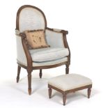 Child's Bergere Chair with Footstool and Embroidered Pillow, ca. Late 19th/Early 20th Century