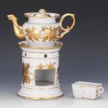Japanese Vintage Porcelain and Gilt Hand Painted Individual Teapot on Burner and Creamer