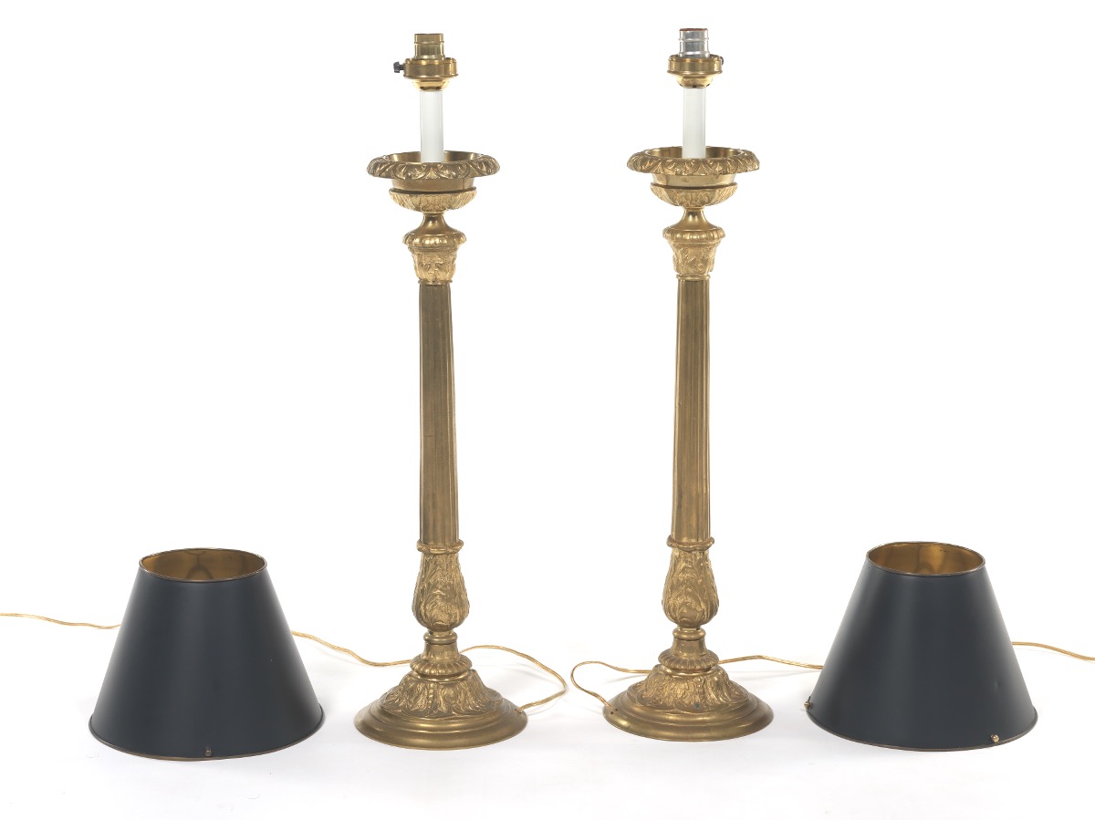 Pair of Tall Brass Lamps with Tole Shades - Image 5 of 7