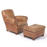 Traditional Leather Club Armchair and Ottoman