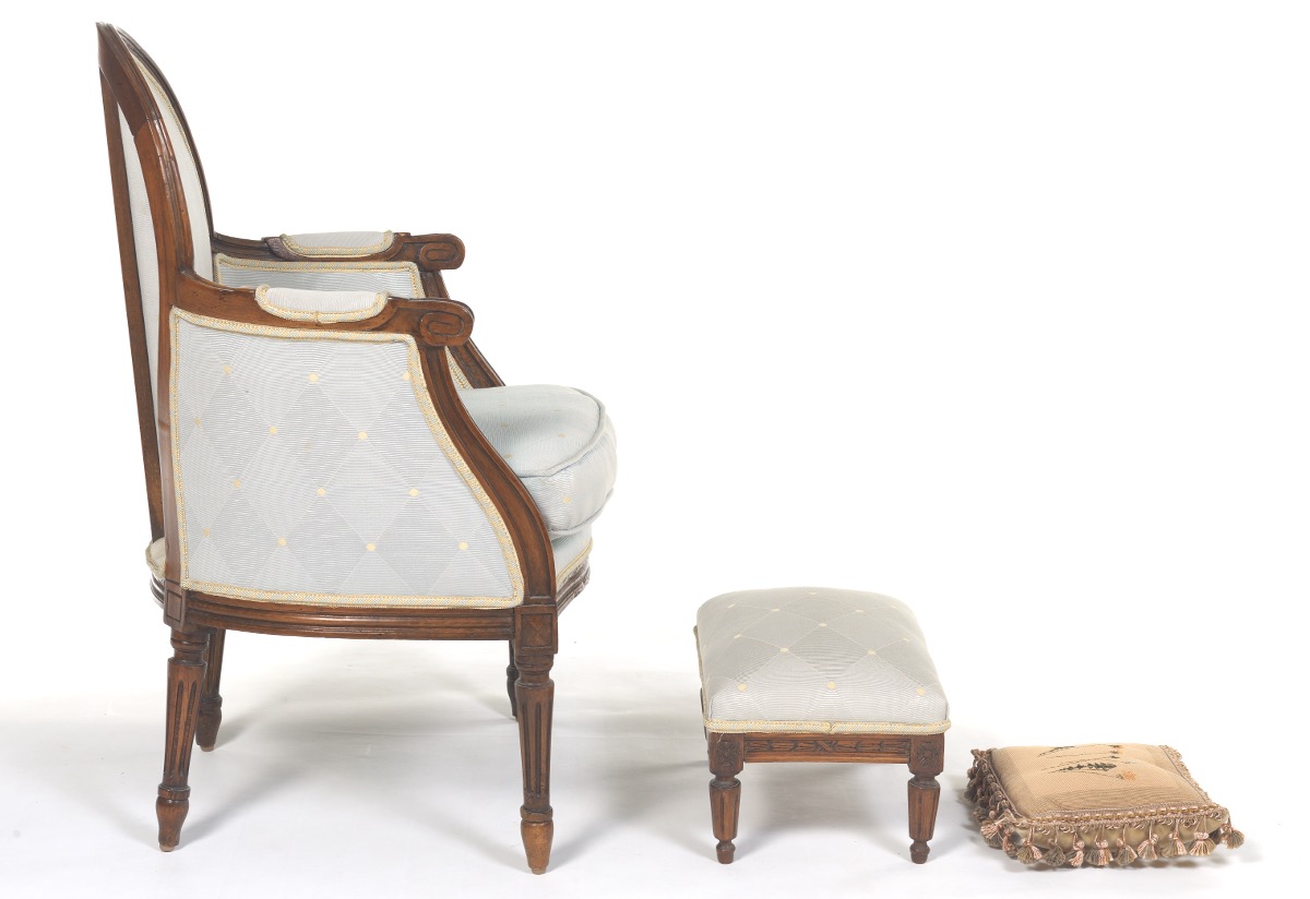 Child's Bergere Chair with Footstool and Embroidered Pillow, ca. Late 19th/Early 20th Century - Image 6 of 9