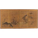 Chinese Hand Painted Four-Panel Signed Screen