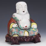Chinese Porcelain Laughing Buddha Sculpture Incense Stick Holder, on Carved Wood Stand