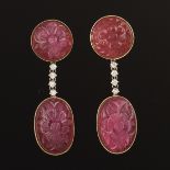 Pair of Carved Ruby and Diamond Pendant Earrings