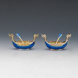 Pair of H.G. & S Norway Gold Washed Sterling and Enamel Viking Ship Individual Salt Cellars with Sp